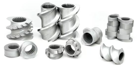 قطعات دستگاه اکسترودر دو مارپیچ هم‌چرخشی: شافت، مارپیچ، بخش، سیلندر و فیدر جانبی، مورد استفاده در دستگاه باتری لیتیومی